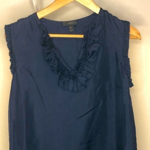 J Crew Navy Ruffle Front Top in Silk